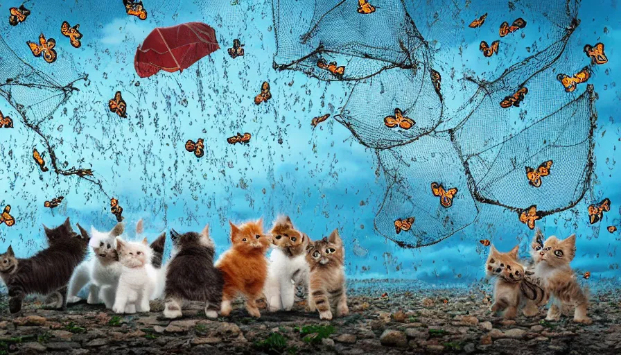 Prompt: kittens and puppies are raining down from the sky in the most unusual storm ever, surprised people running to catch the animals with butterfly nets, chaos in the city, funny and weird vibe,high quality, high details, panoramic