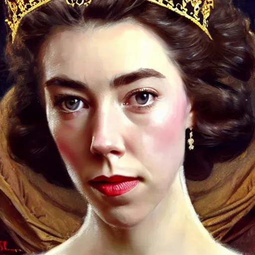 Prompt: vanessa kirby as dark - haired princess margaret, a beautiful closeup oil painting, she has tears running down her face, wet lips, perfect eyes, insanely detailed, elegant, by wlop, rutkowski, livia prima, mucha,