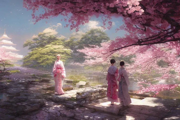 Prompt: a beautiful picture of sakura blooming in the shrine, two girls in kimonos, by greg rutkowski and thomas kinkade, trending on artstation