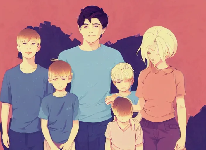 Image similar to a family. a mother, a father, and two children, all with blonde hair. clean cel shaded vector art. shutterstock. behance hd by lois van baarle, artgerm, helen huang, by makoto shinkai and ilya kuvshinov, rossdraws, illustration, art by ilya kuvshinov