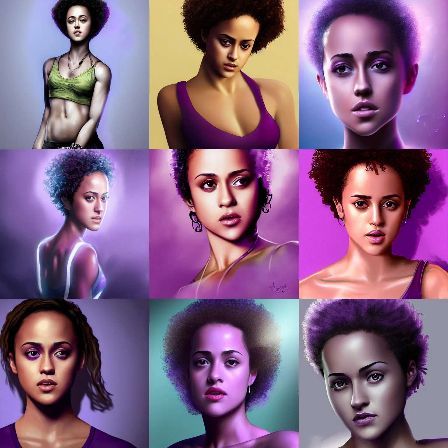 Prompt: purple light, violet skinned Nathalie emmanuel. Smooth violet skin. Dark violet skin. Photorealistic digital art trending on artstation, artgem, 4k HD