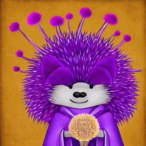 Image similar to adorable hedgehog in a kimono, holding a purple dandelion, art, digital art