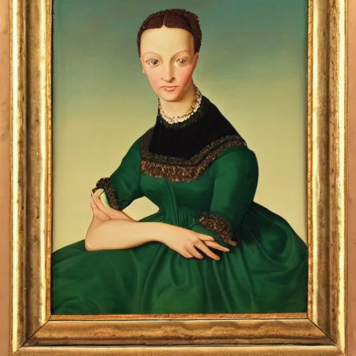 Image similar to a renaissance oil painting of a portrait of a young woman from the fifties, without eyebrows, seated in front of a landscape, wears a dark green dress, with yellow sleeves, with gold interlacing and embroidery at the neckline, a translucent black veil covers the finely curly hair, her arms are bent and her hands crossed