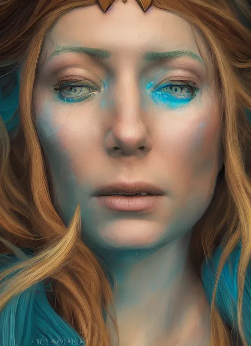 Image similar to an epic fantastic realism comic book style portrait painting of galadriel, teal energy, female, golden hair, d & d concept art, unreal 5, daz, hyperrealistic, octane render, cosplay, rpg portrait, dynamic lighting