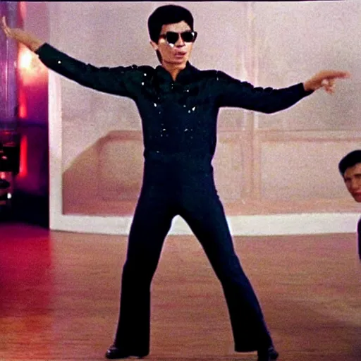 Image similar to A still of Ho Chin Minh wearing a disco suit in Saturday Night Fever