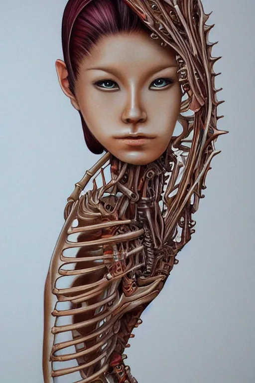 Image similar to portrait of beautiful biomechanical woman by takahashi rumiko, detailed, realistic skin color