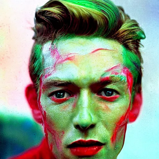 Prompt: young peter otoole with green hair, white paint on face, messy red lips, portrait, impressionistic, film still