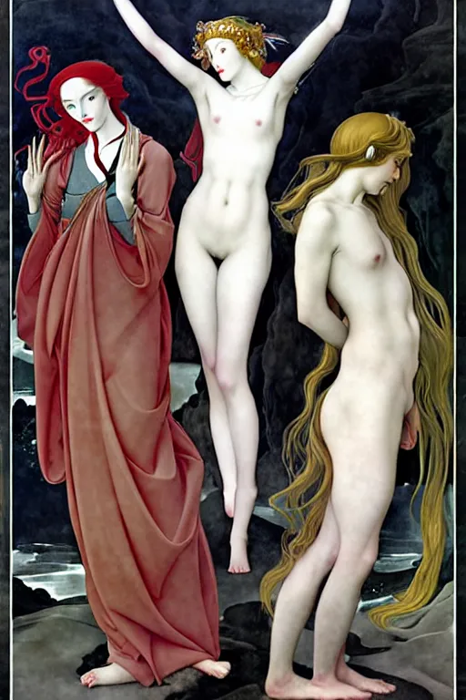 Image similar to 3 Winter Deities, (one representing each month of December, January, and February), in a mixed style of Æon Flux, Peter Chung, Botticelli, and John Singer Sargent, inspired by pre-raphaelite paintings, shoujo manga, and cool Japanese street fashion, they are downcast or asleep, dramatic moody cold landscape, dark and muted colors, hyper detailed, super fine inking lines, ethereal atmosphere, ghost afterimage, 4K extremely photorealistic, Arnold render