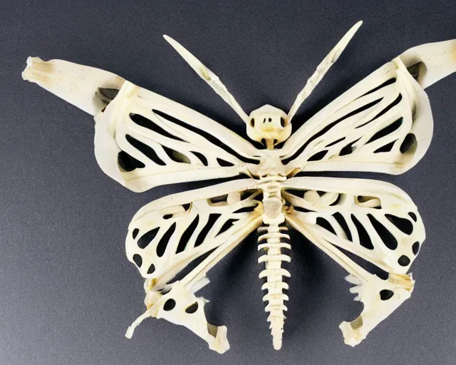 Prompt: a butterfly made from skeletal skeleton ribcage bones