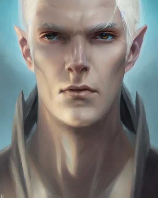 Image similar to character portrait of a slender young half elven man with white hair, piercing turquoise blue eyes, and pale blue skin, by greg rutkowski, mark brookes, jim burns, tom bagshaw, trending on artstation