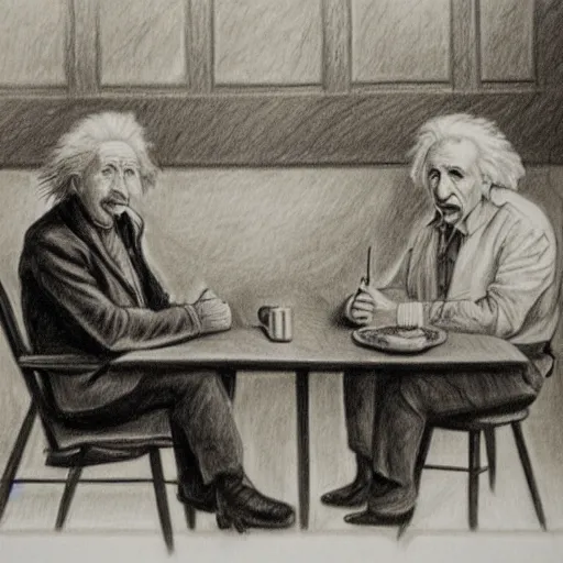 Image similar to Einstein and Newton sitting at cafe, pencil drawing, ultra detailed