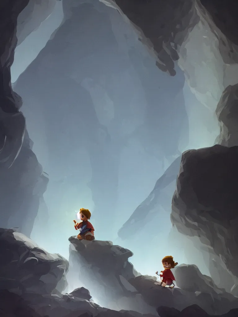 Image similar to lit child, in a dark cave, by disney concept artists, blunt borders, rule of thirds, soft light