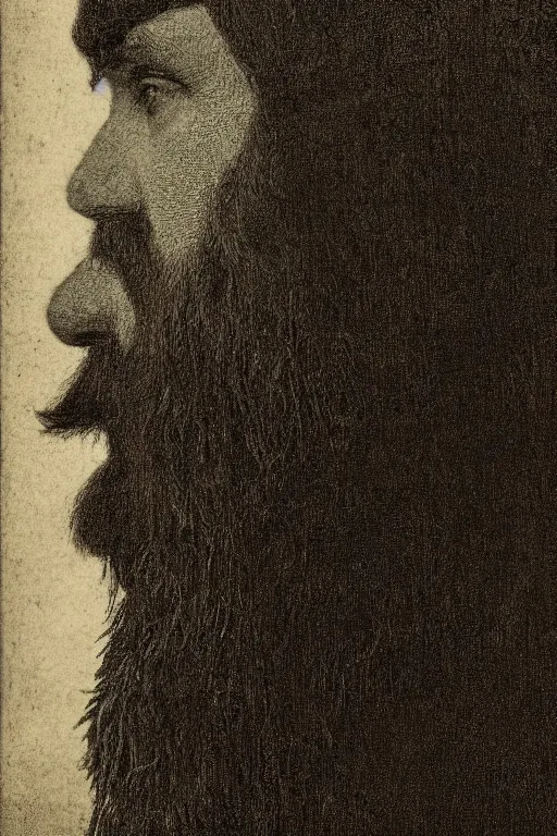 Image similar to a man's face in profile, long beard, made of foliage, in the style of the Dutch masters and Gregory crewdson, dark and moody