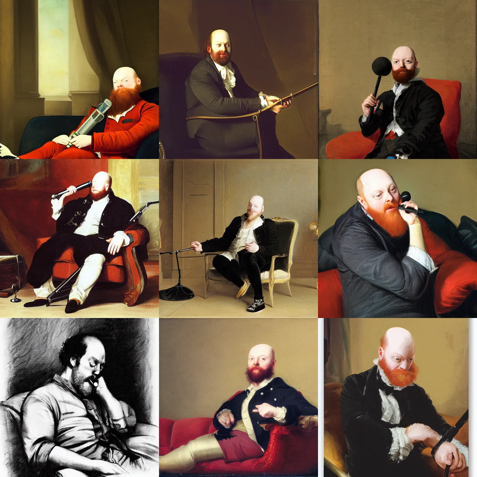 Prompt: playful portrait of angriestpat sitting on a couch, talking into a mic stand by joseph ducreux