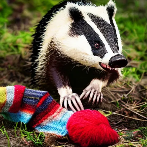 Prompt: angry badger viciously ripping apart a colorful wool sock, digital photography, HDR