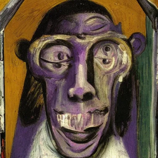 Prompt: Misterious portrait of Pope Innocent X as monkey in a cage in penumbra by Velasquez painting by Pablo Picasso and Chaïm Soutine and Alberto Giacometti and Francisco Goya, black and purple, vhs glitch