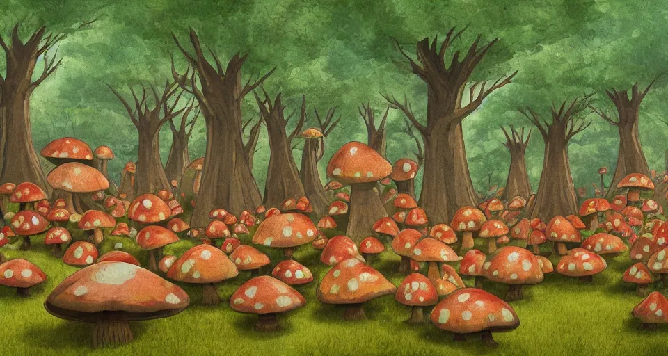 Image similar to A tribal village in a forest of giant mushrooms, by David Eichenberg