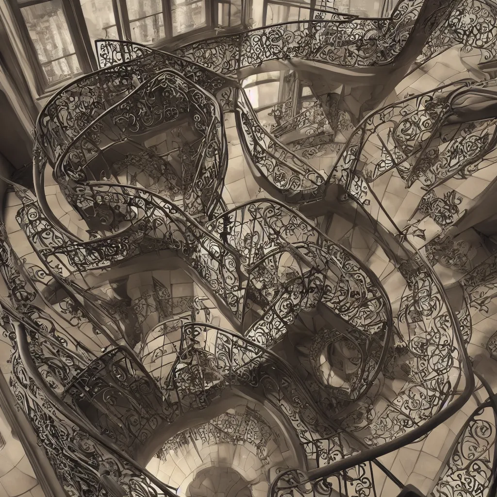 Image similar to a realistic art - nouveau spiral staircase. dark stairs. tall building, seen from the top. realistic shadows of cats. detailed, octane render, hyperrealistic, very coherent, hyper realism, high detail, octane render, 8 k