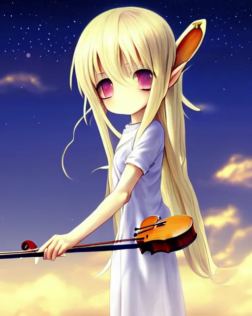 Image similar to chibi, cute, female, full body, elf girl with white skin and golden long wavy hair, holding a violin and playing a song, stunning art style, filters applied, lunar time, night sky, trending art, sharp focus, centered, landscape shot, fate zero, simple background, studio ghibly makoto shinkai yuji yamaguchi, by wlop