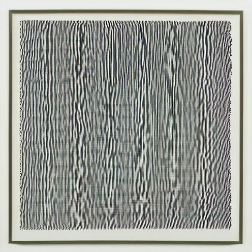 Image similar to an abstract drawing of hundreds of horizontal pencil lines on a white square, Sol LeWitt