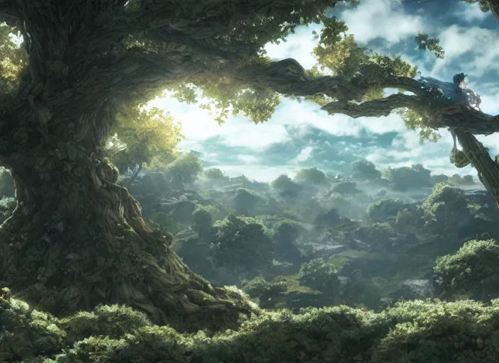 Prompt: Fantasy floating sky continent held in the branches of a massive oak tree. hidari, color page, tankoban, 4K, tone mapping, Akihiko Yoshida.