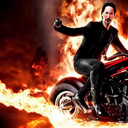 Image similar to keanu reeves as ghostrider, 8k, marvel movie, cinematic,