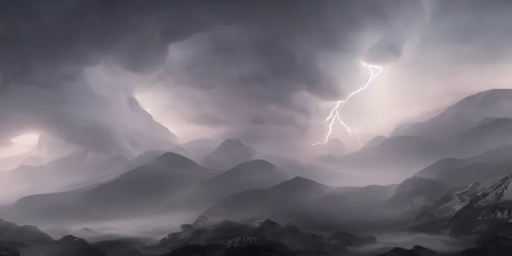 Image similar to mount olympus, fog, amazing lightning art, fog, octane render, ray tracing, realistic fire sharp focus, long shot, 8 k resolution, cinematic