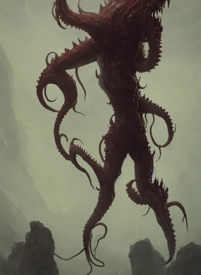 Prompt: a body portrait of a creature invoking fear, art by greg rutkowski, squid demon, scifi horror setting, dark lighting, matte painting, trending on artstation, very detailed