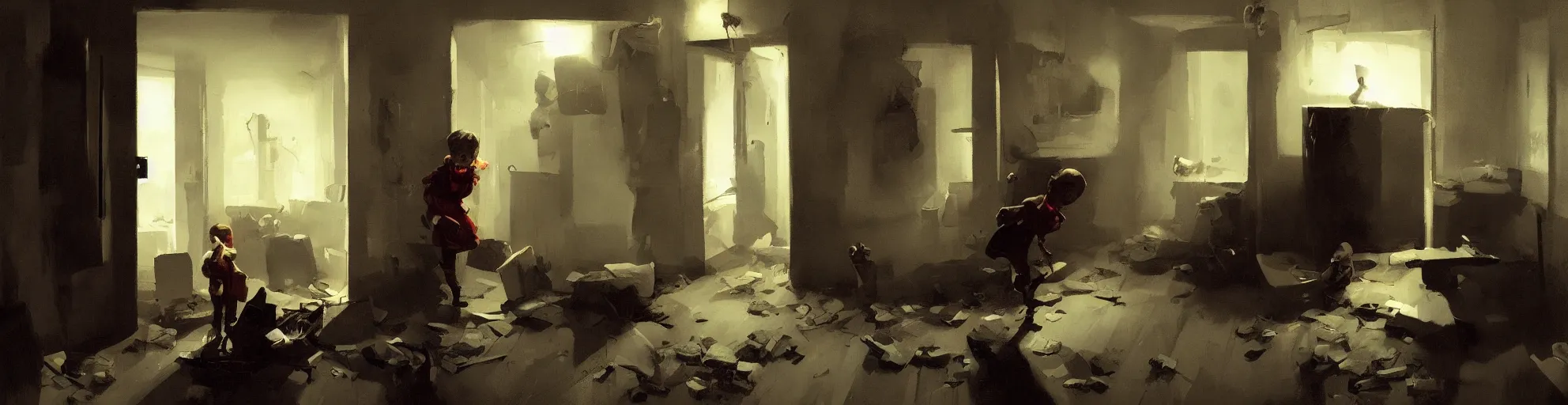 Image similar to a kid entering in a hoarder's room, dark atmosphere. by sergey kolesov and phil hale