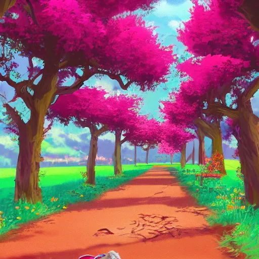 Image similar to A blond Norfolk terrier in the style of 90s anime, bright,red flowers, foot path, trees, award winning, trending on artstation