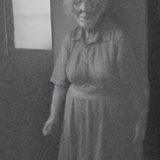 Image similar to terrifying granny in black suit, found footage, brutal violence, creepypasta, slasher smile, old black and white photo