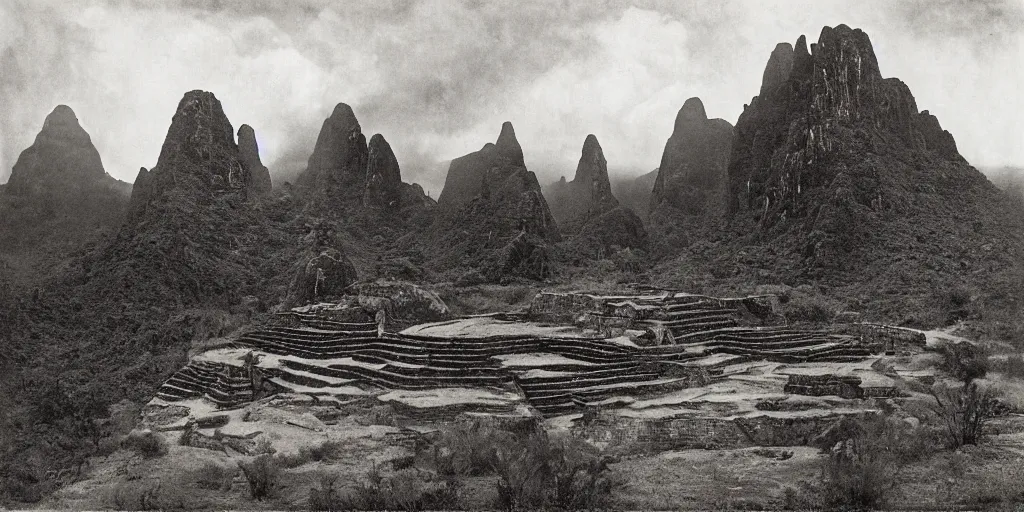 Image similar to lost city on the auyan tepui, vintage photograph, bw, by edward s curtis, realistic,