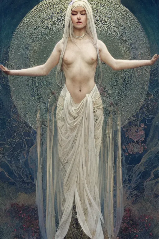 Prompt: a full body portrait of a beautiful ethereal delicate icelandic mage queen meditative sacral pose catholic stages of the cross, intricate, elegant, highly detailed, digital painting, artstation, concept art, smooth, sharp focus, illustration, art by krenz cushart and artem demura and alphonse mucha