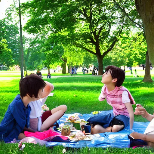 Image similar to Anime of an happy family with two boys of 10 years old and 5 years old, in Vincennes parc having a pic nic, beautiful weather, peaceful cloud, by Makoto Shinkai and James Gilleard