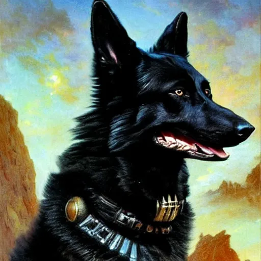 Image similar to a portrait of a manly and muscular black german shepherd dogman canine, star trek the next generation. highly detailed painting by gaston bussiere, craig mullins, j. c. leyendecker, furry