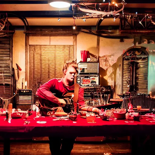 Prompt: Long table with a feast and a rockstar playing a guitar standing on the table,low angle shot 35mm photograph, dramatic studio lighting, concert lights, red color scheme.