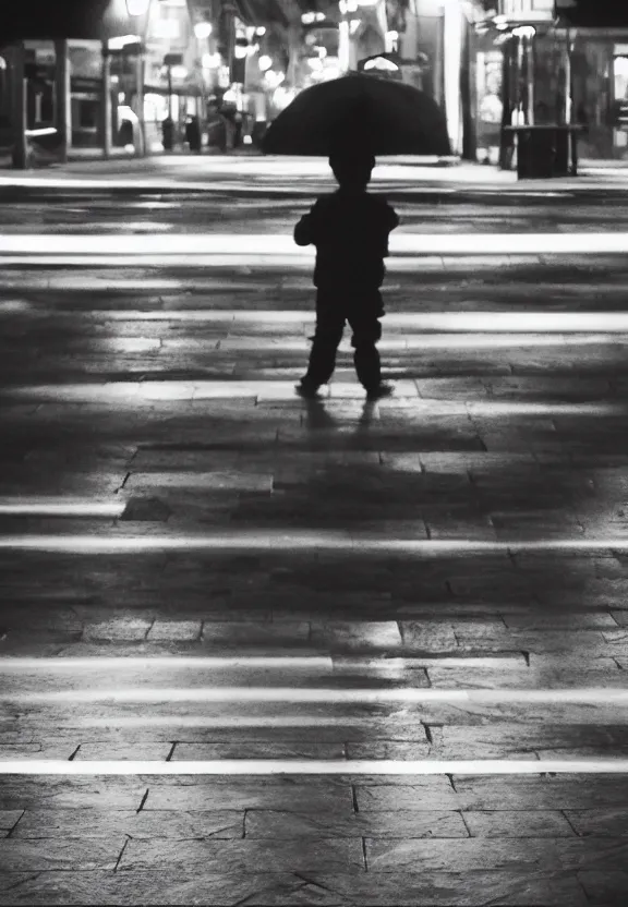 Image similar to little boy holding an umbrella in front of a bar at night, full moon, minimalist, black and white artwork