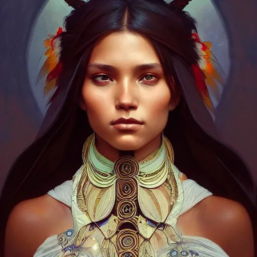 Image similar to a beautiful indigenous girl, fantasy, intricate, elegant, highly detailed, digital painting, artstation, concept art, matte, sharp focus, illustration, art by Artgerm and Greg Rutkowski and Alphonse Mucha