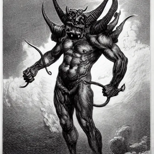 Image similar to full body grayscale drawing by Gustave Dore of muscled humanoid balrog beast with horns in heroic pose, swirling flames in background