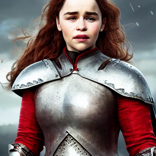 Image similar to emilia clarke, as a medieval fantasy character, with dark reddish hair, wearing light, silver armor and red clothing, tan complexion, holding a longsword, slightly smiling, noble, cinematic, gloomy, realistic, digital art, character art, 8 k