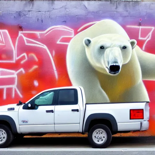 Image similar to a graffiti on a wall showing a polar bear driving a truck on ice