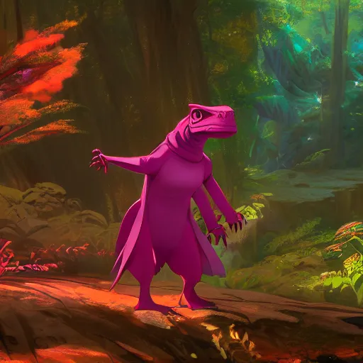 Image similar to concept art painting of an anthropomorphic lizard wearing magenta wizard robes, in the deep forest, realistic, detailed, cel shaded, in the style of makoto shinkai and greg rutkowski and james gurney