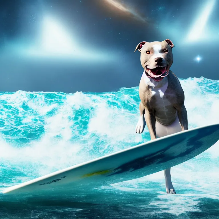 Image similar to photo of a gray coat pit bull with white paws, surfing on a surfboard in a crashing wave of alien ocean in space, background is an alien galaxy, aliens in the background, alien colors, octane render, unreal engine, wide view, 8 k, high detaild