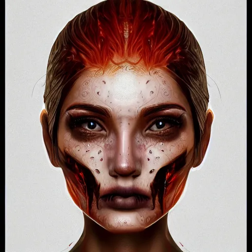 Prompt: artistic drawing of beautiful female face, with skin from flames, hair from flames, eyes from flames, body from flames and everything else made entirely from flames, trending on Artstation