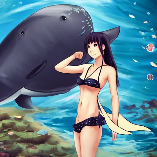 Prompt: a woman in a bikini top and skirt standing next to a whale, a character portrait by Jin Homura, featured on pixiv, mingei, booru, official art, pixiv
