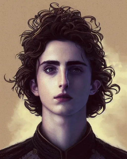 Image similar to beautiful paul atreides timothee chalamet with a three day beard, emperor of the known universe, completely blue eyes, perfect dramatic and dark portrait insanely detailed, concept art, deep focus, intricate, highly detailed, digital painting, artstation, matte, sharp focus, illustration, art by greg rutkowski and alphonse mucha, low angle, dominant eye