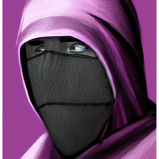 Image similar to ultra realistic illustration, man in a black hood, in a striped purple balaclava, mysterious, highly detailed, digital painting, artstation, concept art, smooth, sharp focus, illustration