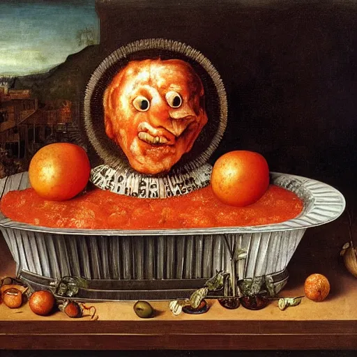 Prompt: a boy sitting in a tub full of tomato sauce, a big meatball lurking in the background, by giuseppe arcimboldo, renaissance, portrait, fruit, detailed oil paint, high definition