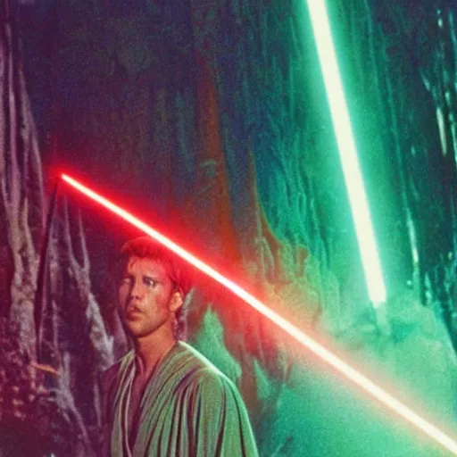 Image similar to 35mm film still jedi training with laser sword on an epic mountain, blade runner set in a rainy tropical forest, cool colors, moody, by Alex grey