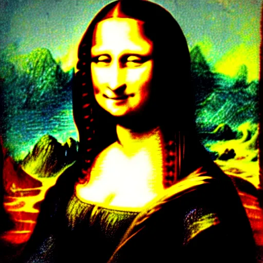 Prompt: Photo of a pre historic cave painting of Mona Lisa
